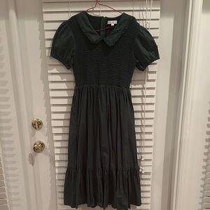 Dark Green Smocked Dress with Puff Sleeves